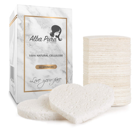 Compressed Facial Sponges for Sensitive Skin Natural Cellulose Sponge for Face Cleansing Exfoliating and makeup removal, Professional use Deep clean and hypoallergenic 80 count - Alba Pura by Fushay