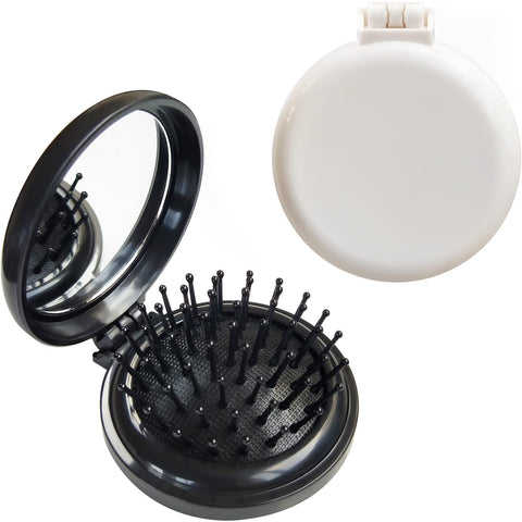 Folding Hair Brush with Mirror,Round Mini Compact Massage Comb for Girls and Women (Black+White)