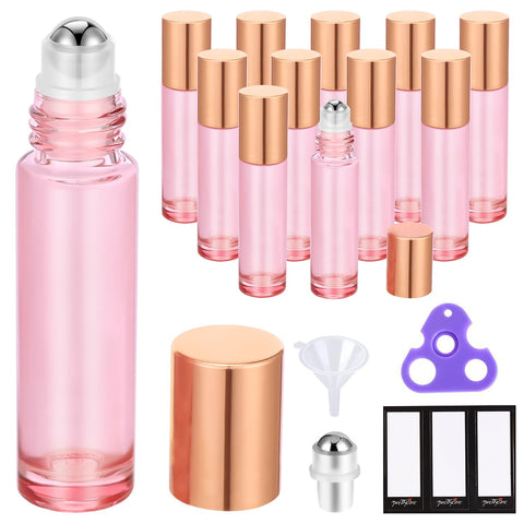 10 ml Roller Bottles for Essential Oils (Rose Glass, 12 Pack, 2 Extra Roller Balls, 24 Labels, Opener, 2 Funnels by PrettyCare) Essential Oil Roller Bottles for body oil perfume, 12 Pack Rose, 12