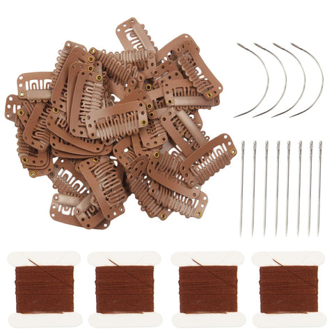 YUXIANG 50pcs Wig Clips 32mm Snap Clips for Hair Extension 6-Teeth Light Brown Color Hair Extensions Clip with Thread and Needles (Light Brown -50pcs)