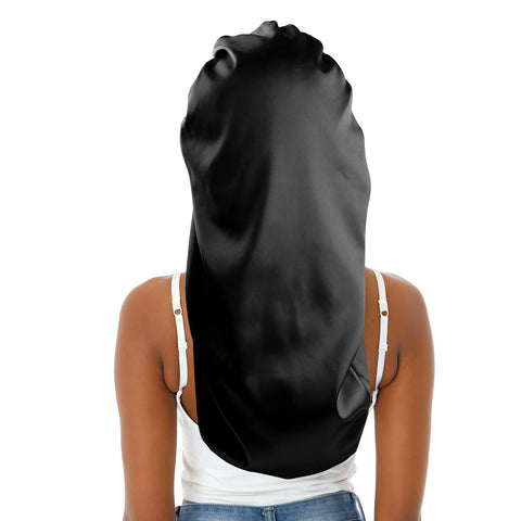 Sent Hair Long Satin Bonnet Sleep Cap for Long Curly Hair Double Layers Sleep Bonnet Wide Band Hair Bonnet, Black, Long