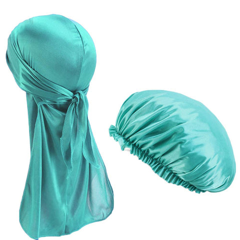 2pcs/Set Durag and Bonnet Long Tail Satin Doo rag Elastic Turban Sleep Cap Solid Color Lake Blue