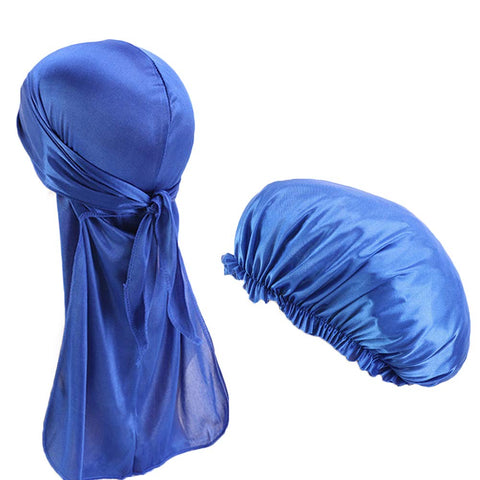 2pcs/Set Durag and Bonnet Long Tail Satin Doo rag Elastic Turban Sleep Cap Solid Color Blue