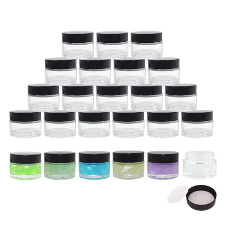 BPFY 24 Pack 1 oz Round Clear Glass Cosmetic Jars with Inner Liners and Black Lids, Travel Glass Jars, Cosmetic Containers for Lip Balms, Ointments, Powders, Makeup, Cream, Eyeshadow, Slime, Paint