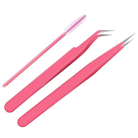 Stainless Steel Eyelash Extension Tweezers Straight and Curved Tip Eyelash Tweezers for Eyelash Extension Applications with Eyelash Brush
