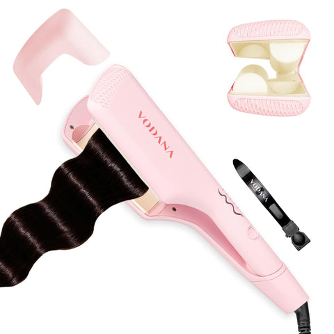 VODANA Professional Triple Flow Ceramic Hair Waver, Easy Beach Wave, Embedded, Light Double Barrel Wave Iron for Wide Deep Waves (1.25 inch, Pink Vanilla)