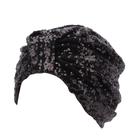 Decou Sparkly Sequin Twist Pleated Hair Wrap Stretch Turban S232, Black, One Size