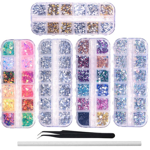 6400pcs Nail Art Rhinestones Nail Crystal Gems Nail Diamonds, Gold Silver Nail Art Studs Colorful Nail Sequins & Rhinestones for Nails Kit with Tweezers and Wax Pen for Nail Art Supplies Accessories