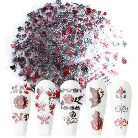 SILPECWEE 30 Sheets Self Adhesive Nail Stickers 3D Golden White Flower Design and 1Pc Tweezers Nail Art Decals for DIY&Salon Manicure Kit