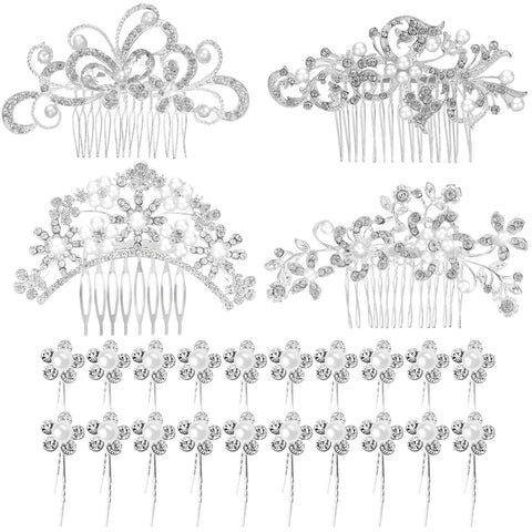24 Pieces Wedding Bridal Hair Combs Crystal Pearl Rhinestone Hair Clips Side Hair Accessories Pearl Hair Pins for Brides and Bridesmaids (Pattern Set 1)