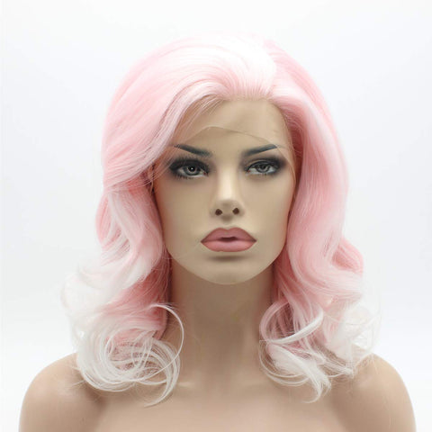 Lushy Medium Length Wavy Pink Root White Ombre Wig Full Density Half Hand Tied Heat Friendly Synthetic Lace Front Wig