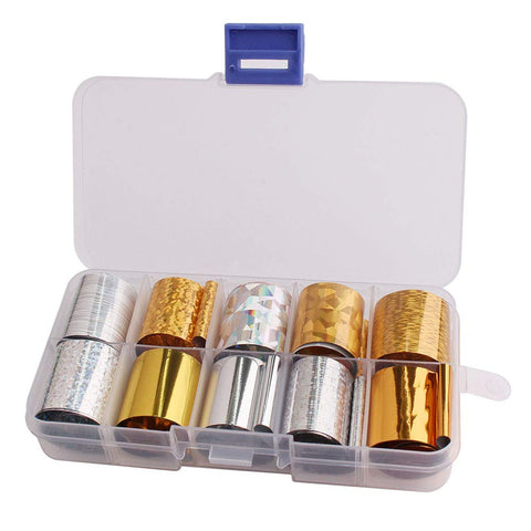 WOKOTO 10 Rolls Gold And Sliver Foil Nail Art Adhesive Stickers Starry Sky Laser Nail Transfer Wraps Decals Manicure Decoration (0.98inchs39.4inchs)