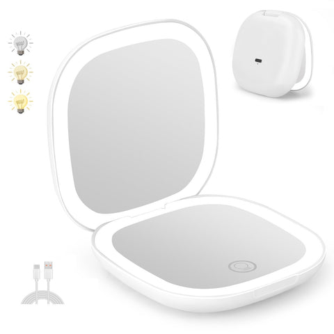 Infitrans Rechargeable Pocket Mirror, 1X/5X Magnification LED Compact Travel Makeup Mirror with Light in 3 Colors Mode, Purse Mirror, 2-Sided, Portable, Folding, Handheld, Small Mirror for Gift