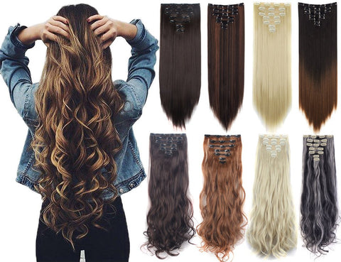 3-5 Days Delivery 7Pcs 16 Clips 23-24 Inch Thick Curly Straight Full Head Clip in on Double Weft Hair Extensions 20 Colors