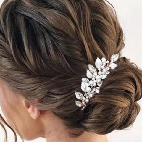 Asooll Wedding Leaf Hair Comb Bride Pearl Hair Pieces Bridal Crystal Hair Accessories for Women and Girls (Silver)