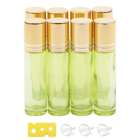 NewZoll 8Pcs Glass Roll on Bottles 10ml (1/3oz ) Pearl Green Essential Oil Roller Bottles Vials Rolling Bottles Container for Skincare Cosmetics Aromatherapy Perfume, Gold Cap