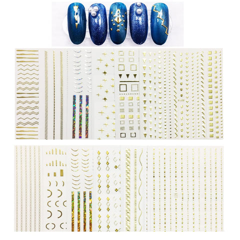 JAKSSO 12 Sheets 3D Metallic Nail Stickers for Women Gold Silver Nail Decals Chains Stripe Lines Adhesive Nail Art Stickers for Acrylic Nails Manicure DIY and Nail Salon