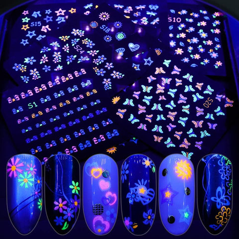 EBANKU 24Sheets Fluorescence Nail Art Stickers Decals 3D Self-Adhesive Butterfly Flower Love Fruits Pattern DIY Decoration Tools Accessories for Women Kids