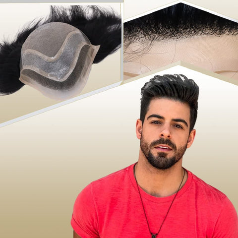 Lishy Toupee for Men Hair Pieces 100% European Virgin Human Hair Replacement System 10" x 8" Mono Lace with PU around and Swiss Lace Front toupee Men Hair Piece #1 Jet Black Color