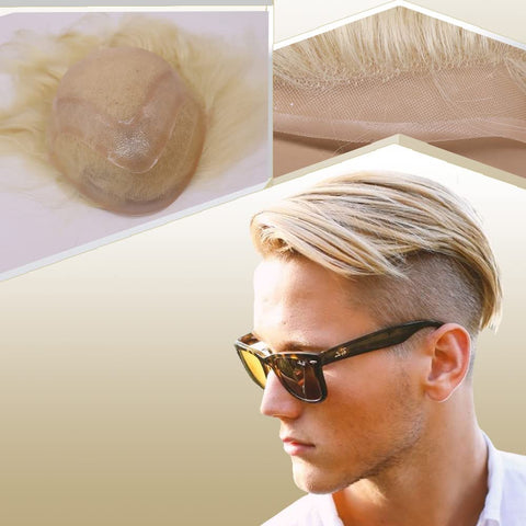 Lishy Toupee for Men Hair Pieces 100% European Virgin Human Hair Replacement System 10" x 8" Mono Lace with PU around and Swiss Lace Front toupee Men Hair Piece #613 Blonde Color
