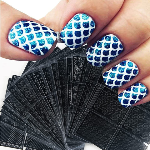 Nail Vinyls Nail Art Stencil Set, 144 Pieces 72 Designs French Tip Nail Guides, Holographic Acrylic Hollow Nail Art Stickers DIY Manicure Decor Supplies (24Large Sheets)