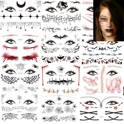 Halloween Face Tattoos Spider Eye Web Temporary Tattoos Sticker 12 Sheets Day of the Dead Makeup Decals for Halloween Party Decorations