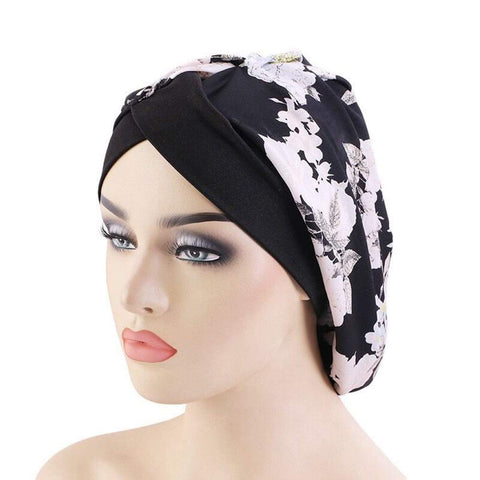 Women Satin Lined Sleep Bonnet Hair Cap Hat Slap Headwear for Curly Frizzy Hair (Black Flower)