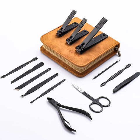 FAMILIFE Manicure Set, Professional Manicure Kit Nail Clippers Set 13pcs Stainless Steel Pedicure Tools Kit Grooming Kit with Portable Brown Leather Travel Case for Women Girl Men