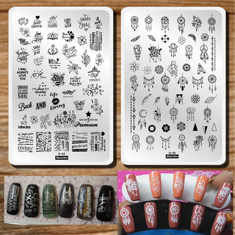 2Pcs/Set Dreamcatcher Feather Pendant Image Stamping Template Alphabet Letter Words Creative Large Size Nail Plate Printer Flower Love Lips Nail Image Plate 14.5Ã—9.5cm(D05/D06)