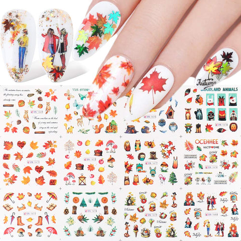12 pcs Maple Leaves Nail Art Stickers Fall Nail Supplies Autumn Water Transfer Decal Tree Leaf Animal Design Slider Decor Charms Fall Nail Tattoo Foils for Thanksgiving Manicure DIY Decorations
