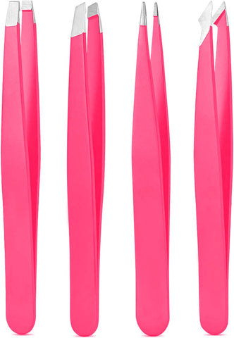 Derlaier Tweezers Set, High Precision Stainless Steel Eyebrow Tweezers for Facial Hair, Inward Growing Hair and Splinter Remover Kit, Suitable for Women and Men, 4-Piece Set. (pink)