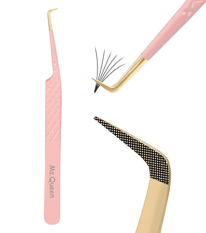 Ms.Queen Lash Extension Tweezers,Diamond Grip 90 Degree False Lashes Tweezers 3D 6D Mink Eyelash Make Fans
