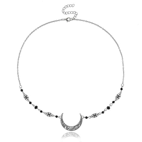 Yalice Boho Crescent Moon Head Chain Vintage Black Crystal Headband Hair Acessories for Women and Girls (Silver-1)