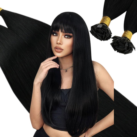 Ugeat 22" Pre Bonded Fusions Hair Extensions 50g 1g/strand #1 Jet Black Flat Tip Natural Human Hair Extensions: 22inch, Jet Black