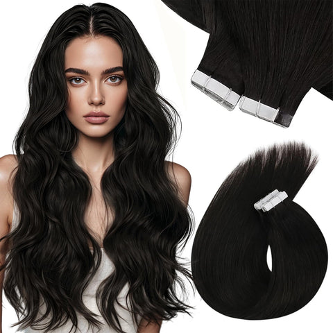 Black Hair Extensions Tape in Human Hair #1B Natural Black 20 inch Real Human Hair Tape in Hair Extensions Invisible Skin Weft for Women 50g 20pcs