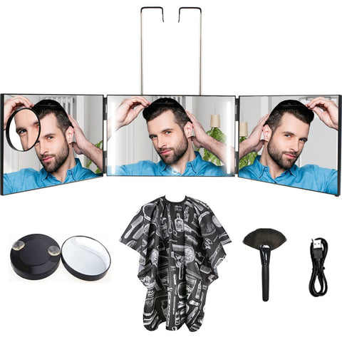 Feisate 3 Way Mirror with Lights, Rechargeable LED Barber Mirror Self Cut, Self Hair Cutting Mirror to See Back of Head, 360 Mirror for Haircuts for Men, 3way Mirror for Cutting Your Own Hair