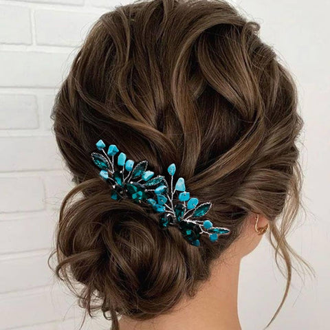 Aukmla Bride Wedding Hair Pins Turquoise Crystal Flower Hair Accessories Headpiece Decorative for Women and Girls