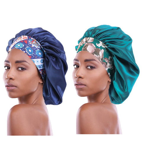 2PCS Satin Hair Bonnet for Black Women Elastic Wide Band Sleep Cap Single Layer Silkly Satin Cap for Braid Curly Natural Hair Navyblue + Teal, Navyblue + Teal, 14.6 Inch