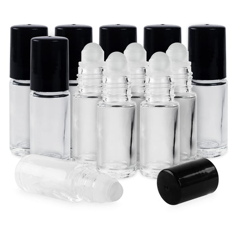 Clear (1/6 Oz/5 ml) Plain Glass Container Tubes Roll-On Bottles with Ball Tips and Black Caps for Homemade Lip Care Products, Essential Oils, Cosmetic Gift, Perfumes (24 Pack)