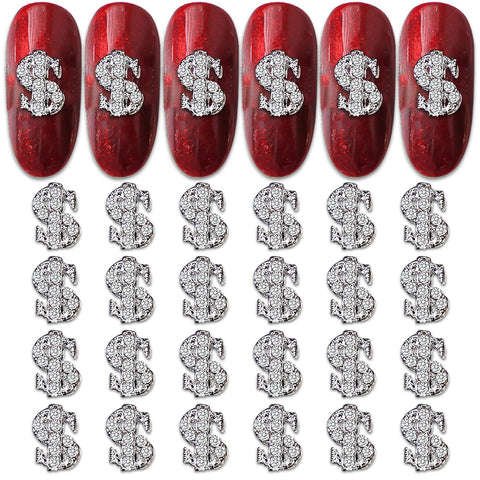WOKOTO 30pcs Silver Dollor Sign Nail Charms And Rhinestones For Women Nail Art Alloy And Rhinestones Charms For Nails Luxury Money Sign Nail 3D Charms For Acrylic Nails Nail Jewels Nail Art Charms