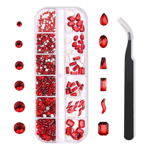 Rhinestones Nail Rhinestones Kit Flatback Gemstone Crystal Set Nail Round Glass Gems Stones, Multi Shapes Nail Art Rhinestones for DIY Manicure, Face Makeup Clothes Bags- Red