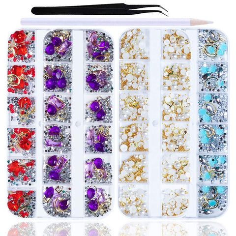 SILPECWEE 4 Boxes 3D Nail Art Decoration Set Flat-black Rhinestone Metal Nail Beads Pearls Nail Crystal Clear Manicure Jewelry With 1Pc Tweezers And Picker Pencil