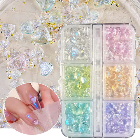 Heart Nail Charms for Acrylic Nails 3D Nail Charms 6 Compartment Box