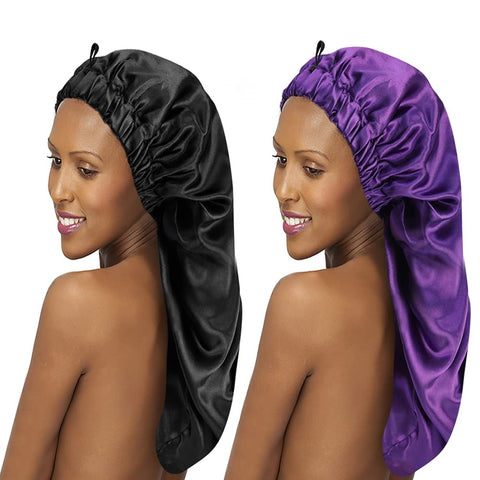2PCS Satin Bonnet Sleep Cap for Black Women Single Layer Extra Long Silkly Satin Cap for Braids Hair Foldable with Button Black + Purple