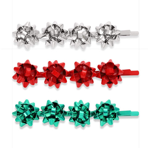 HZEYN Christmas Bow Hair Clips Gift Wrap Hair Pins Xmas Holiday Hair Accessories for Women Girls 3 Packs (Silver Green Red)