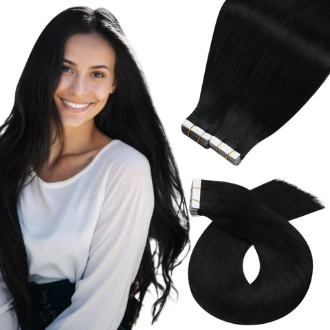 Mosoo 16 Inch Tape Hair Extensions Human Hair 40 Pieces 100 Grams Per Pack #1 Jet Black Real Brazilian Human Hair Skin Weft Invisible Hair Extensions Glue on Hair for Women PU Tape Hair Extensions