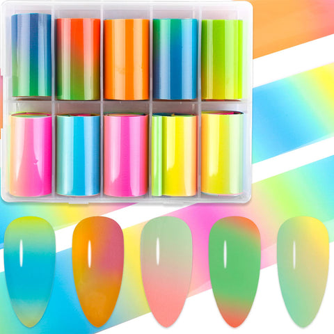 WOKOTO 10 Rolls Fluorescence Gradient Nail Foils Nail Art Transfer Stickers Nail Art Foils Sheets Nail Wraps Nail Transfer Foil for Nails DIY Nail Decoration for Women Girls (1.57inchÃ—39.4inch)
