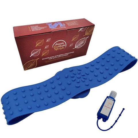 Blue Silicone Bath Body Brush - Extra Long Shower Exfoliating Body Scrubber for Men, Women & Kids - Foot Scrub to Deep Clean & Skin Invigoration -31.5in Long - Includes Free Travel Bottle Accessory