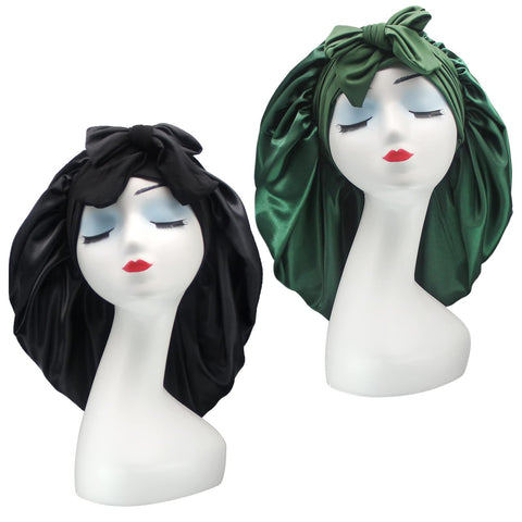 Hanbertti 2 Pack Silk Satin Hair Bonnet Sleeping Hat with Stretch Tie Band Bonnets Silk Bonnet Satin Bonnet Adjustable Bonnet for Curly Hair Sleeping Adult Women Girlsï¼ˆBlack+Dark Greenï¼‰