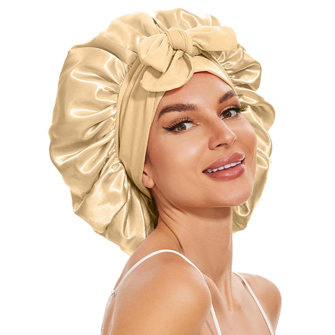 BE BIGEDDIE Large Silk Bonnet for Sleeping, Double Layer Satin Bonnets for Women Natural Curly Hair, Silky Satin Hair Wrap Shower Cap, Champagne